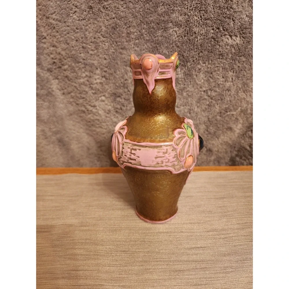 Schafer & Vater German‎ Multi - Colored Jeweled Iridescent Pottery Vase 7.25
